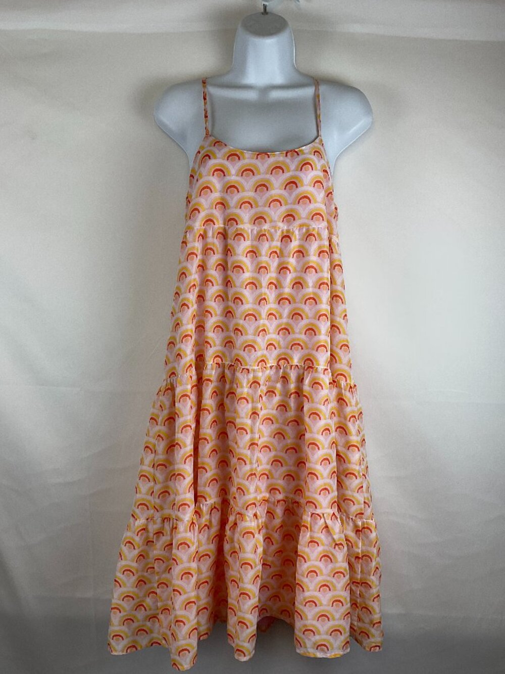 J. Marie Sundress XS White Pink Yellow Orange Print Spaghetti Strap Pintuck